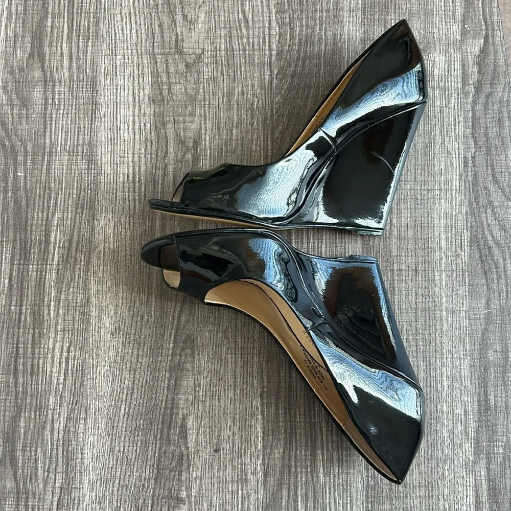 Boston Proper Black‎ Patent Leather Peep Toe Wedges Shoes Office Date Night 7M